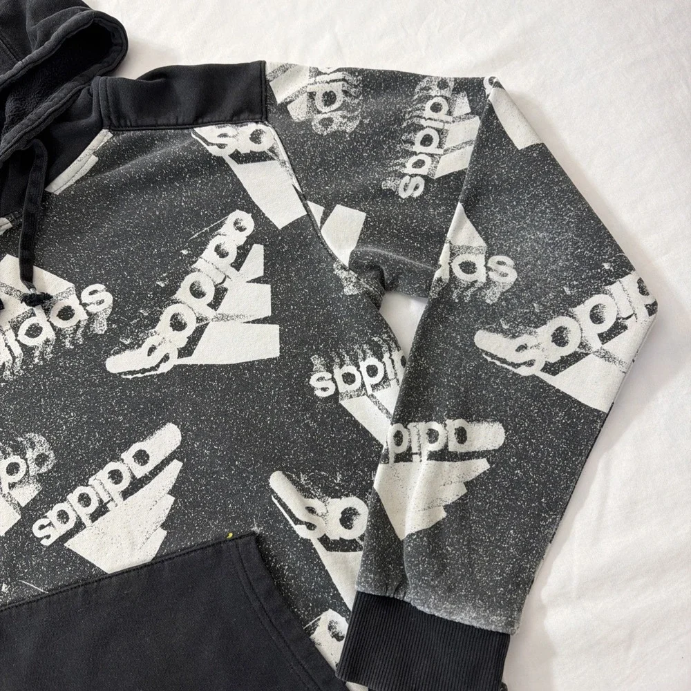 Adidas Mens All Over Logo Print Hoodie Black White Distressed Graphic Sweatshirt